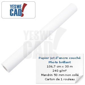 YESWECAD - Rouleau de papier jet d'encre couché photo brillant - 106,7 cm x 30 m - 240 g/m² - Mandrin non collé - Carton x 1 rouleau