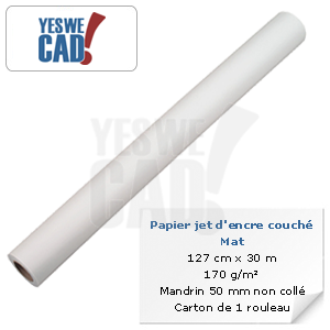 YESWECAD - Rouleau de papier jet d'encre couché mat - 127 cm x 30 m - 170 g/m² - Mandrin non collé - Carton x 1 rouleau