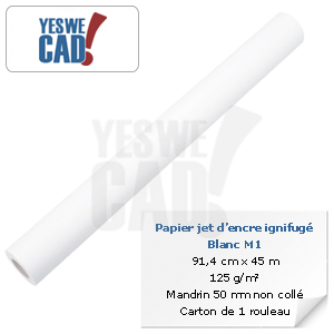 Rouleau de papier jet d'encre ignifugé M1 blanc - 91,4 cm x 45m - 125 g/m²