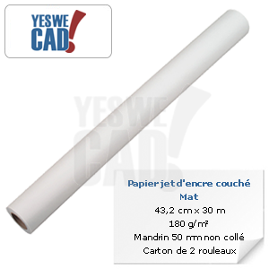 Rouleau de papier jet d'encre couché mat - 43,2 cm x 30 m - 180 g/m²