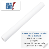 YESWECAD - Rouleau de papier jet d'encre couché photo brillant - 106,7 cm x 30 m - 240 g/m² - Mandrin non collé - Carton x 1 rouleau